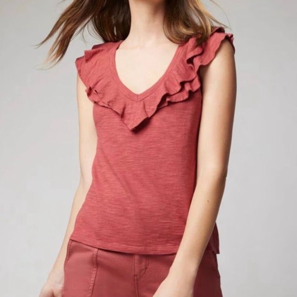 White House Black Market Ruffle Neck Tee Sleeveless V-neck Blouse Women’s Medium